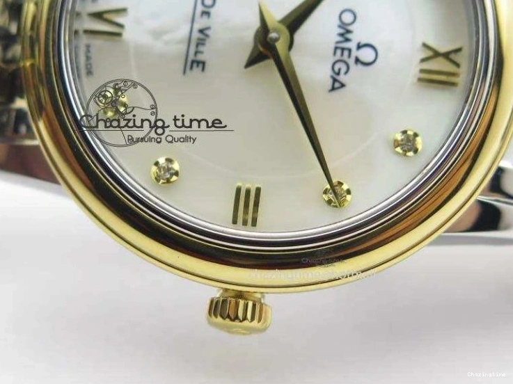 0503 OnTrend De Ville 27mm SS YG Ladies MK 1:1 Best Edition White MOP Dial Diamond Markers On SS Bracelet Ronda Quartz 8187